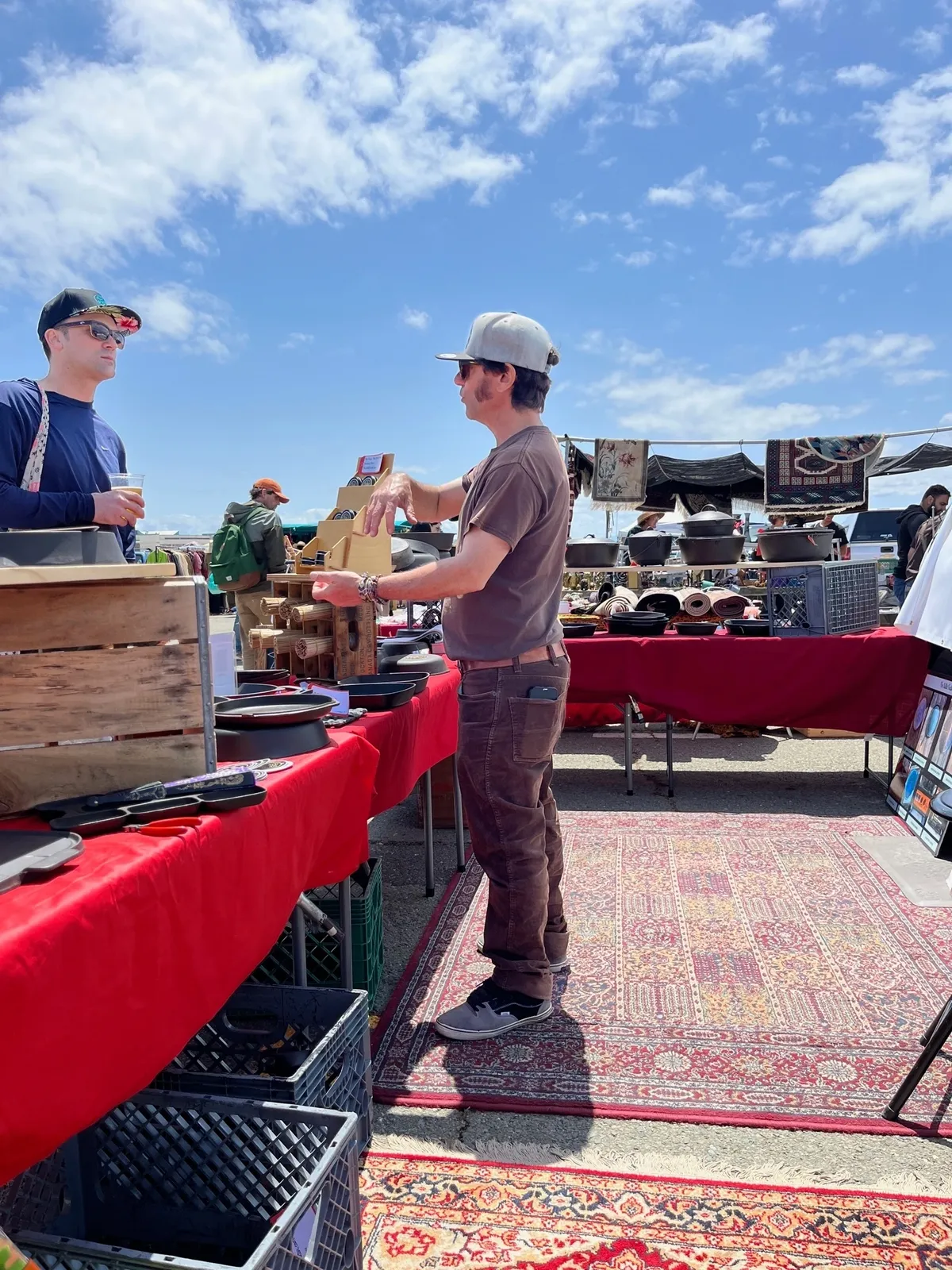 Flea market shopping under blue sky